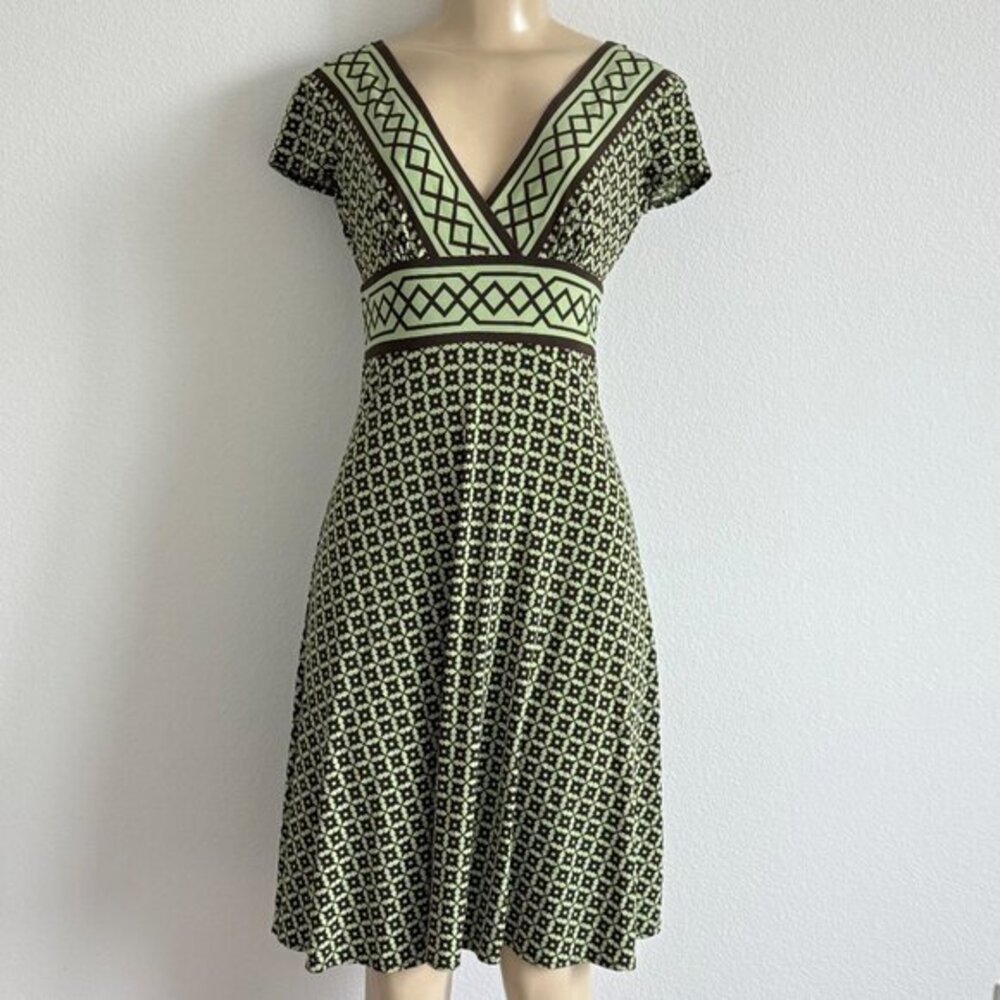 Maggy London 4P Dress Green Brown Geometric Surplice V-Neck Whimsigoth Retro Mod